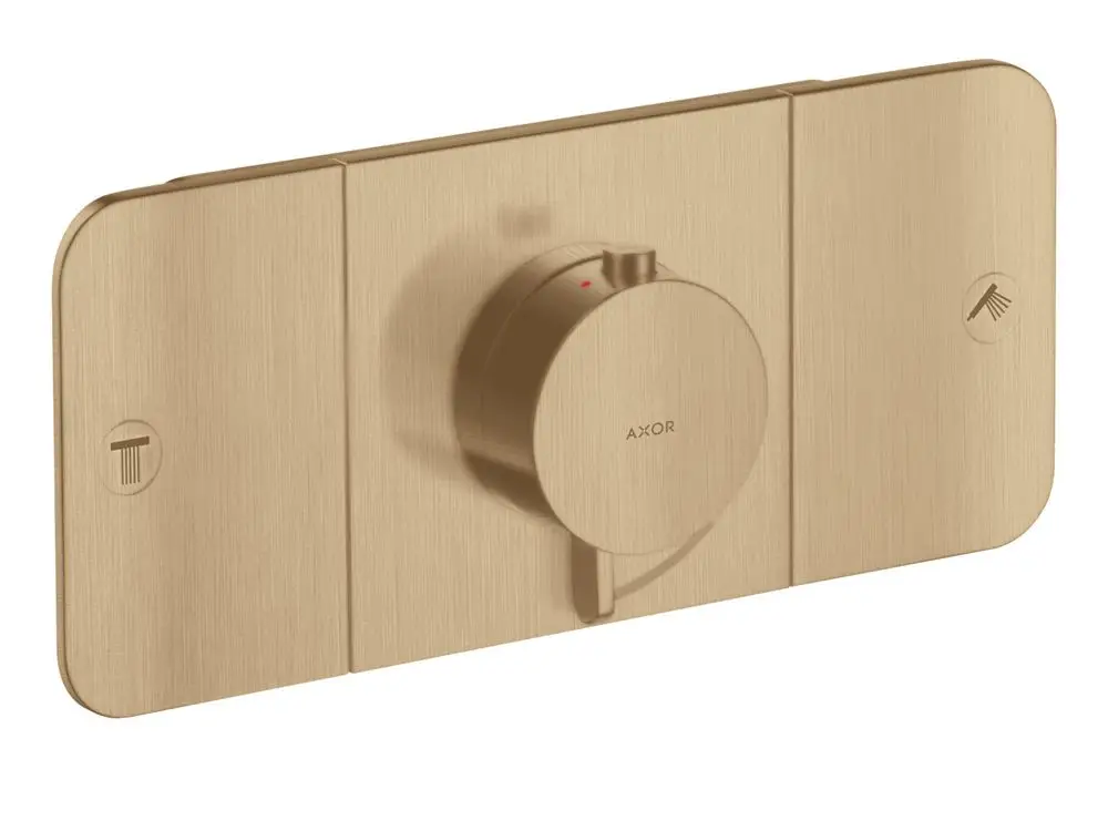 Thermostatmodul in Brushed Bronze von AXOR für die Unterputzmontage, ausgestattet mit einem Drehknopf und Symbolen zur Steuerung von zwei Wasserverbrauchern.